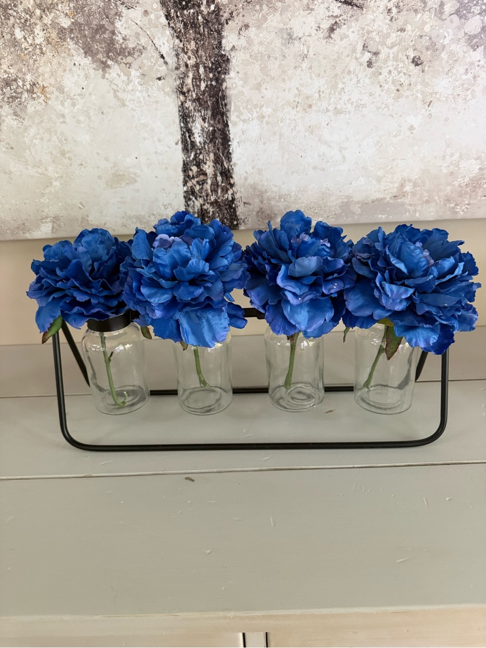 Blue Artificial Peony Vase Set with Black Metal Frame